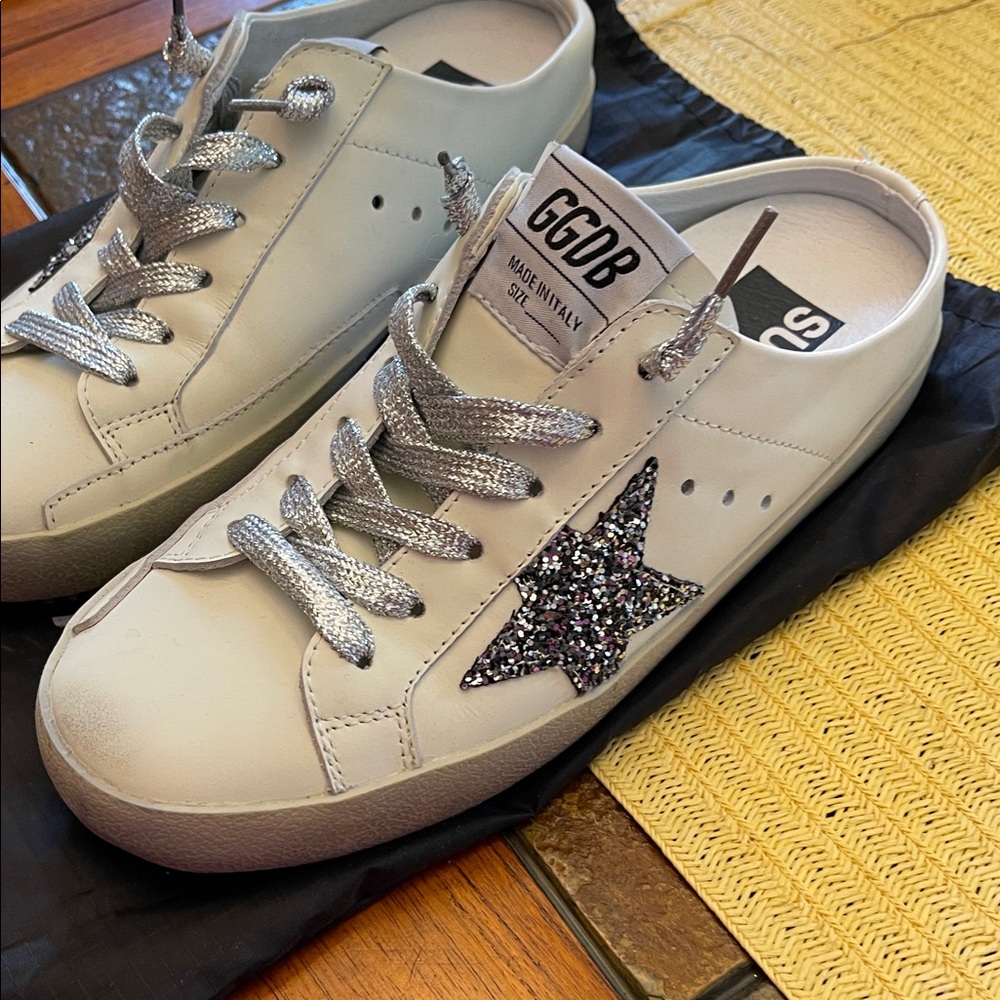 Golden Goose White Leather Sneakers with Silver Glitter Star